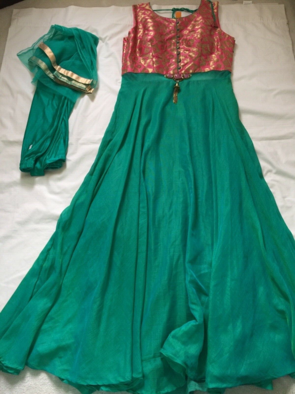 NWT Designer Green Brocade Linen Silk Gown PROM Party with Scarf 2pc FREE