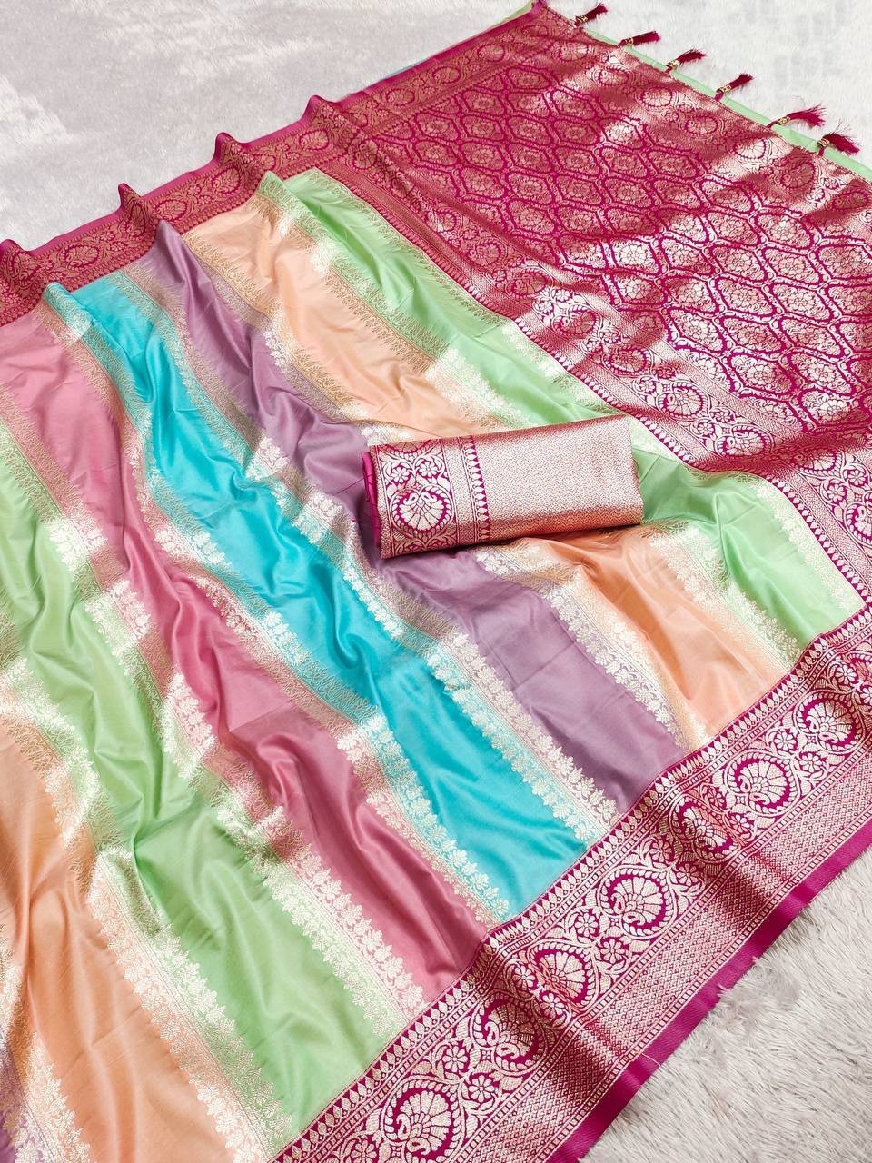 Wedding Women Banarasi Art Silk Saree Zari Woven Indian Traditional Sari Blouse