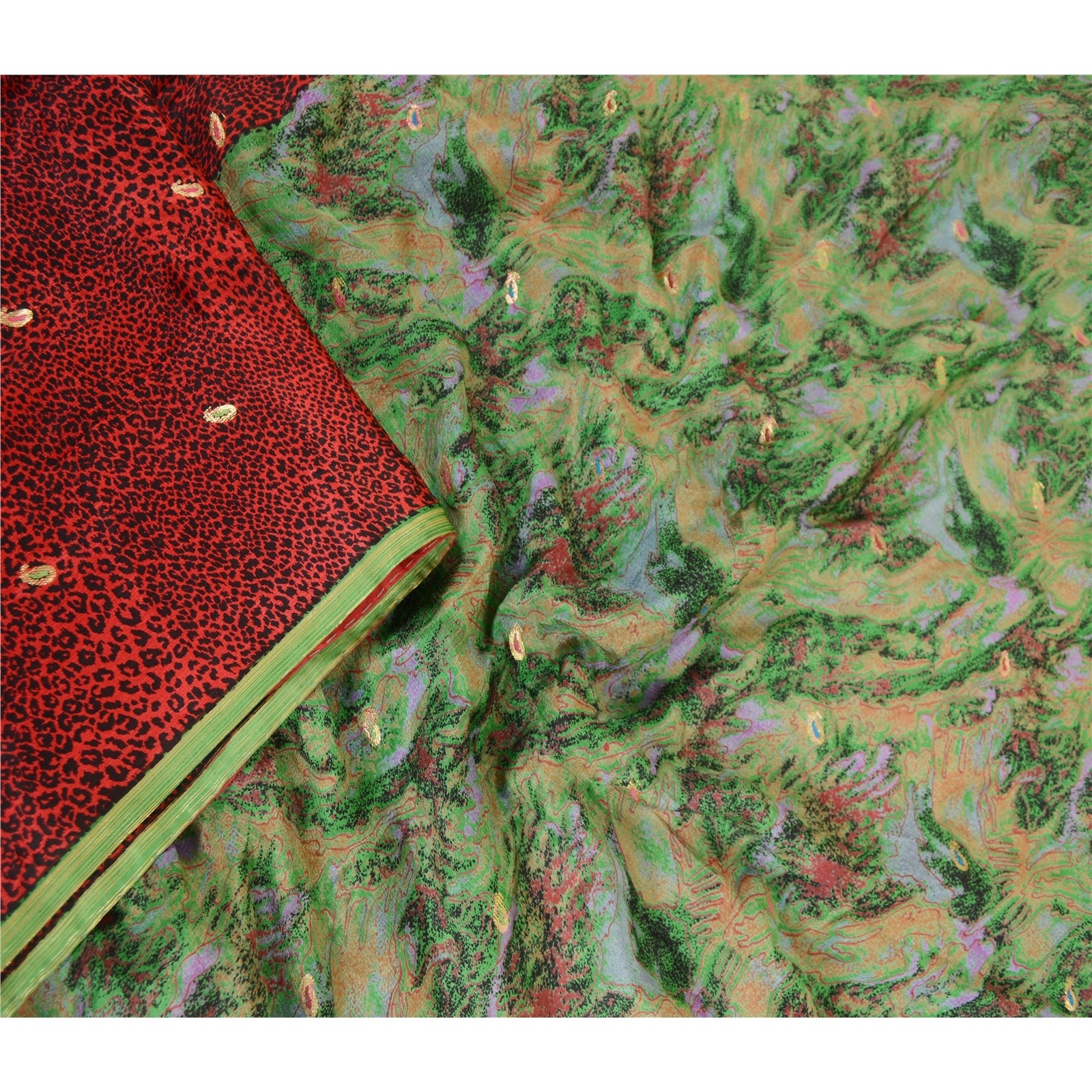 Sanskriti Vintage Sarees Red Abstract Printed & Woven Pure Chinon Silk 5+Yd Sari