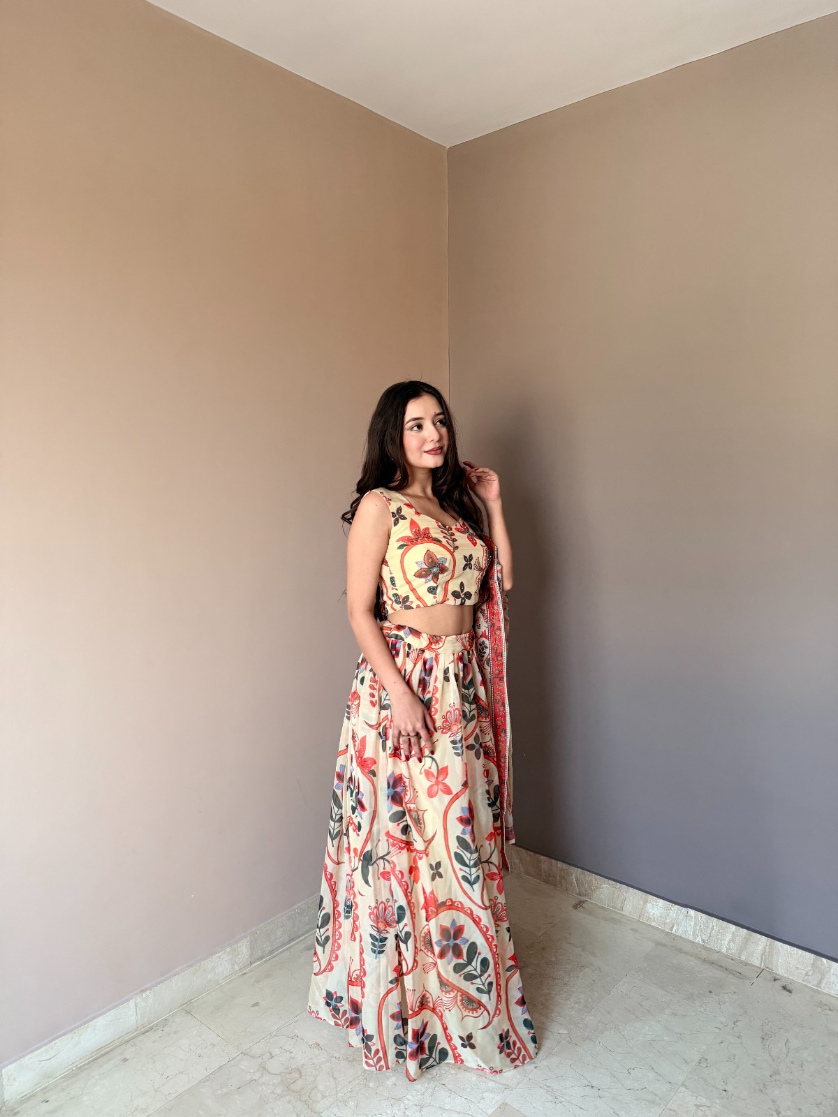 Pure Organza Floral Printed Lehenga Choli Set Intricate Hand Work Sleeveless