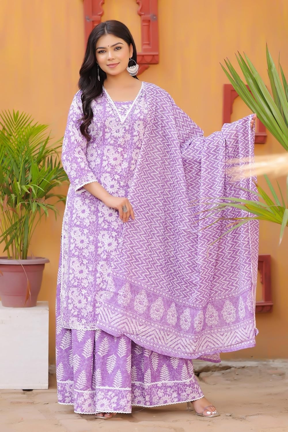 Women’s Printed Calf Length Straight Kurta & Skirt With Dupatta Set