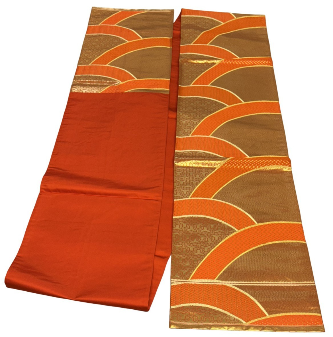 Japanese Vintage Kimono Fukuro Obi Silk Orange Traditional Embroidery 166×12 in