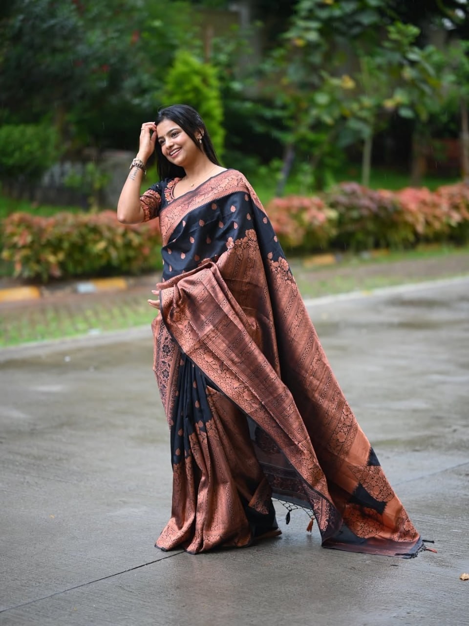 Designer Blue Silk Saree Copper Border Party Wear Sari Women