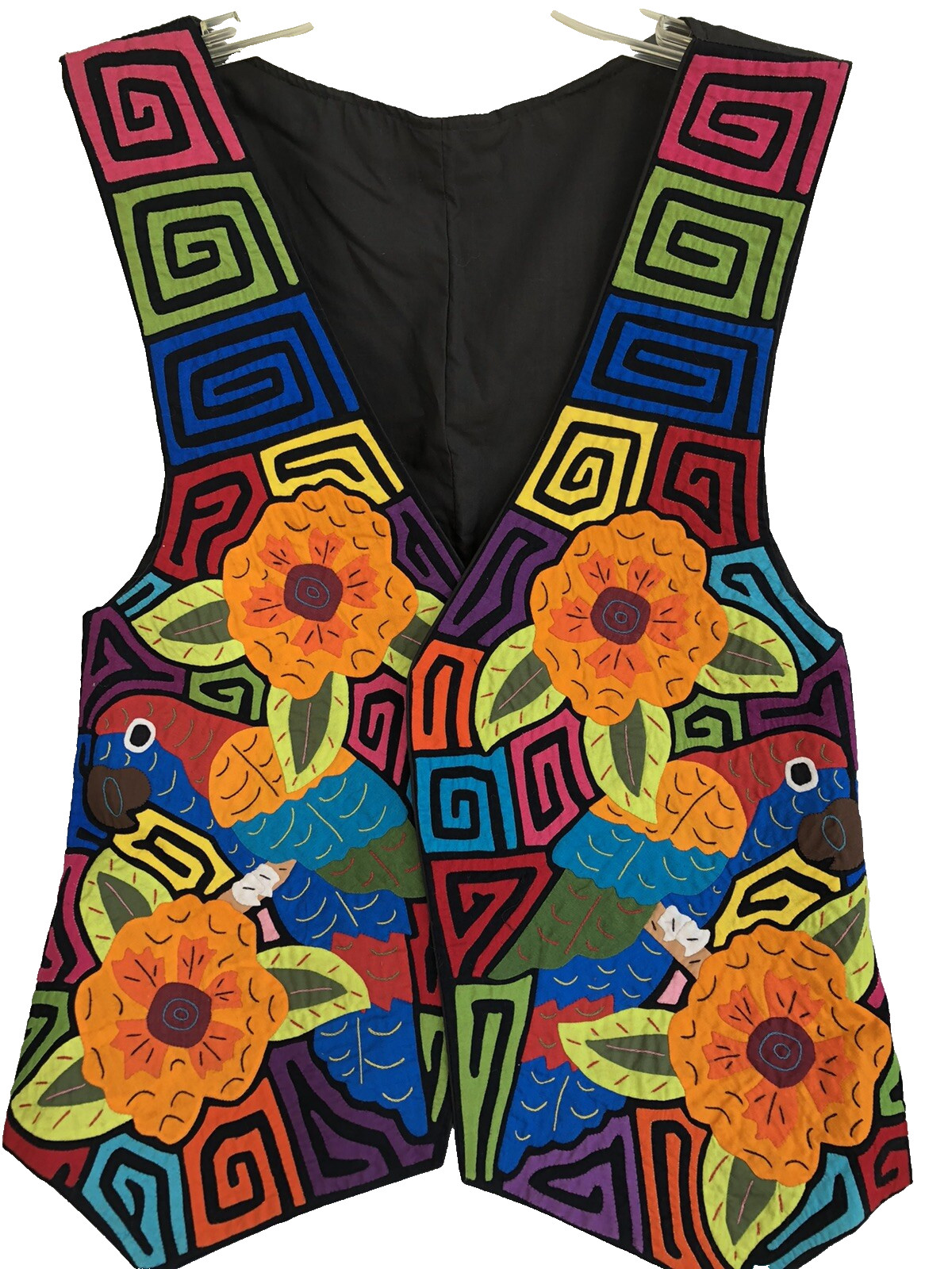 Colorful Panama Mola Vest Handmade appliqued Parrot flowers – unisex large