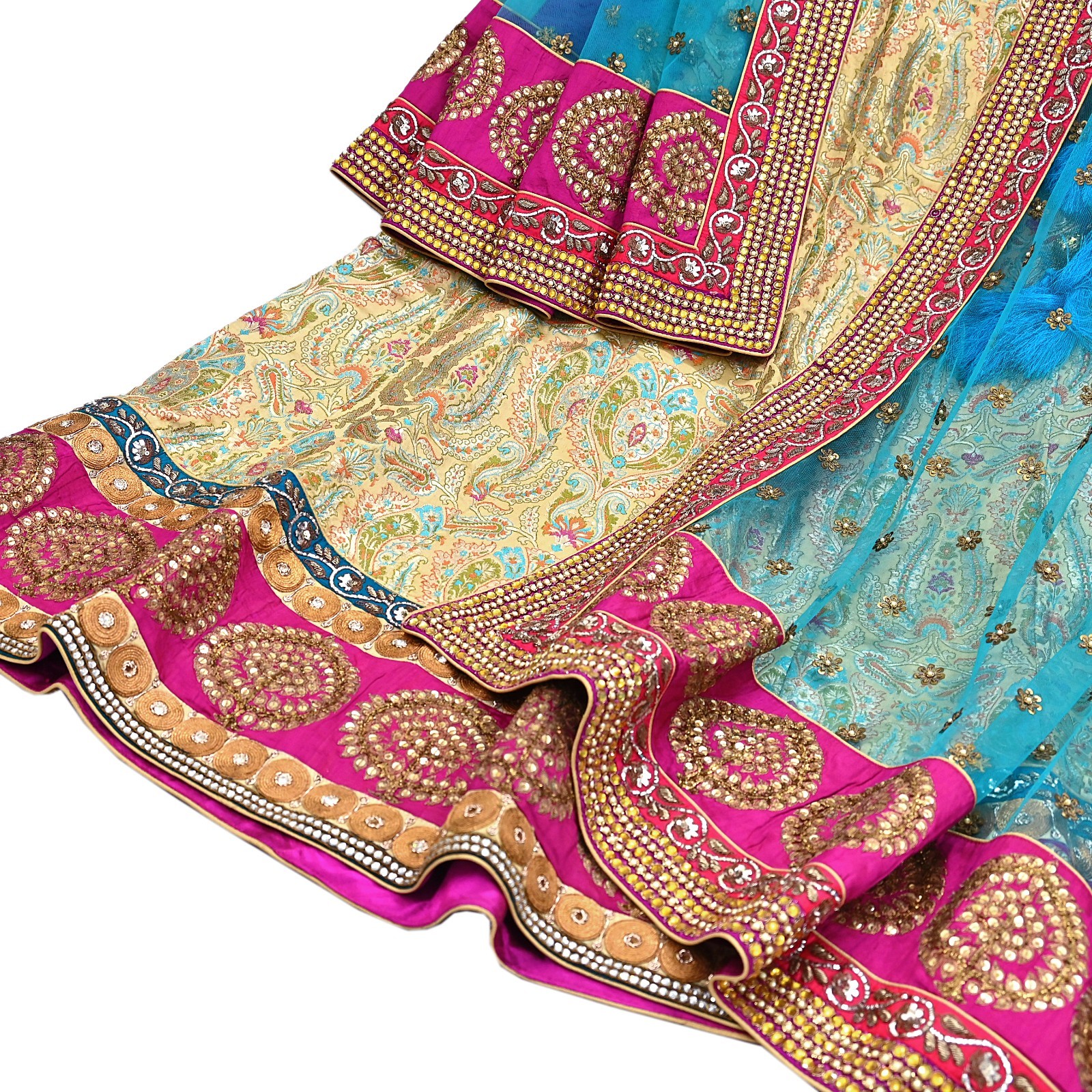 Indian Heavy Beige blue Pure Silk/Net Hand Embroidered Designer Lehenga 3pcs set