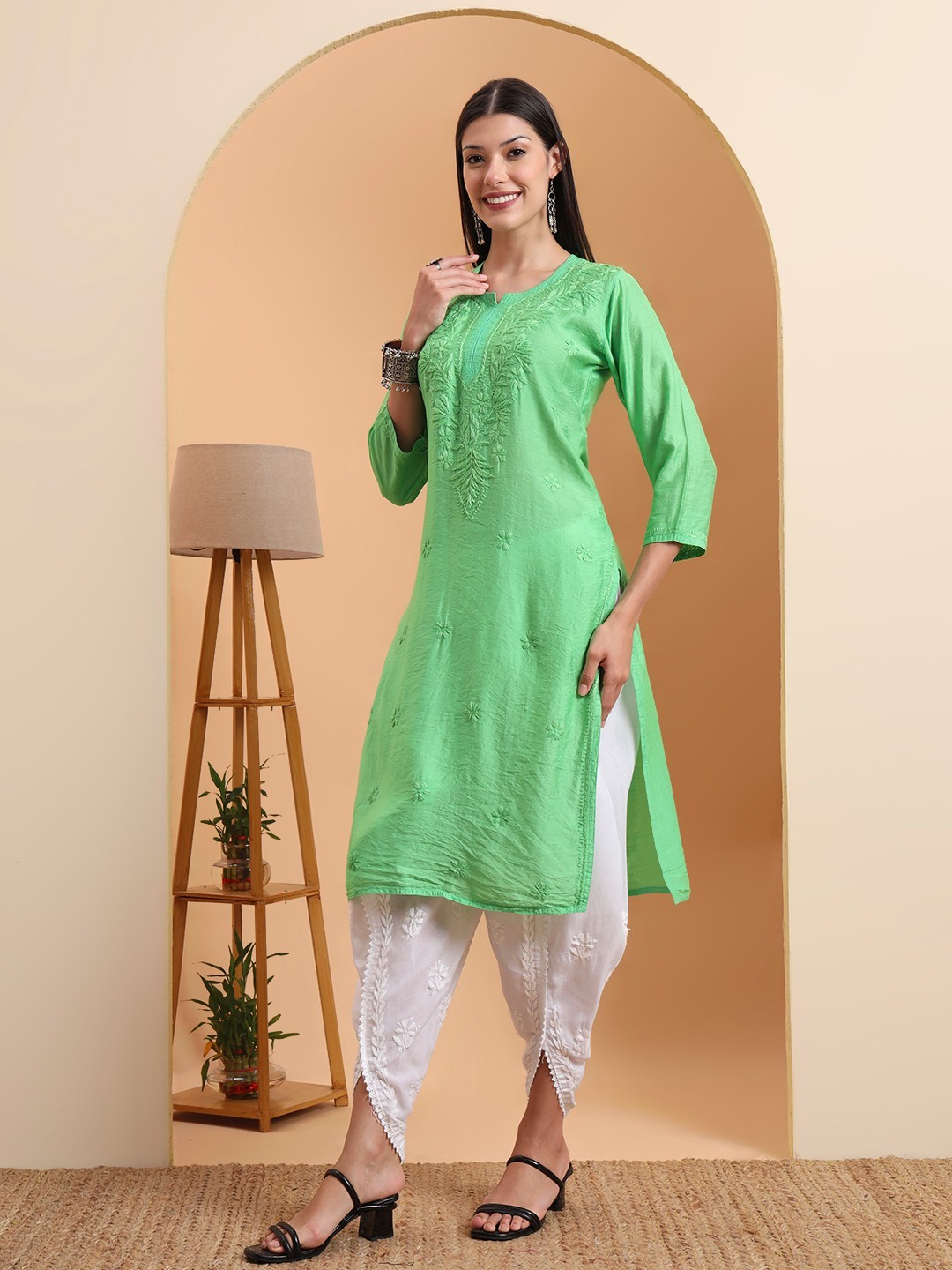 Women Green Chanderi Chikankari Kurta |Embroidered Straight Kurti |Festive Wear