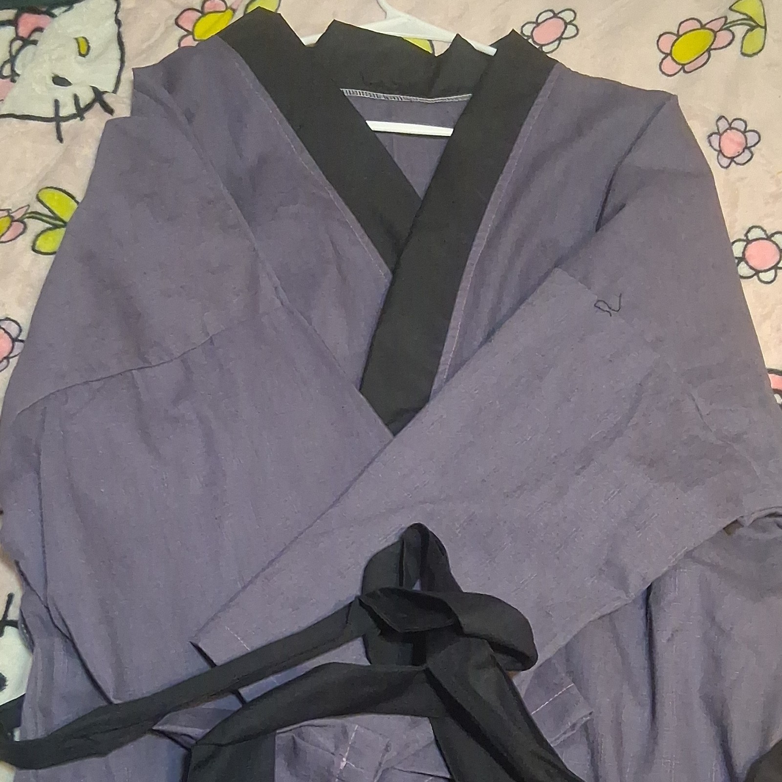 Purple Kimono Robe with Black Trim and Sash, Unisex One Size