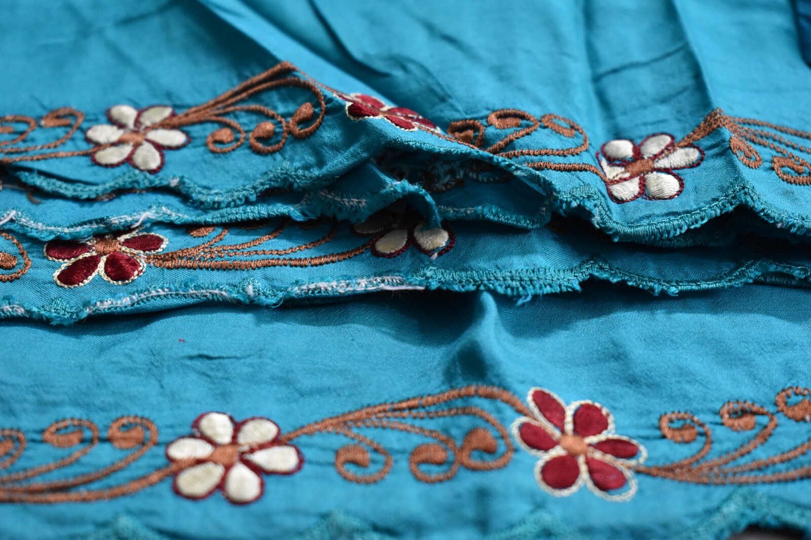 FNC Vintage Aqua Pure Silk Embroidery Work 5Yd Craft Saree Kimono Fabric