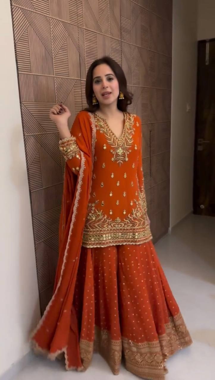 Ethnic Wear Heavy Faux Georgette Kurta Palazzo With Dupatta For Wedding