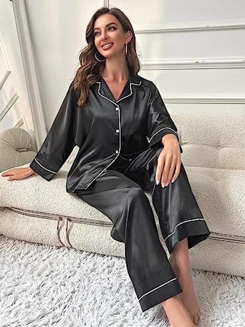 5Pcs XS-XXL Womens Silk Satin Pajamas Sets Long Pj Sets Medium Dusty Blue-c