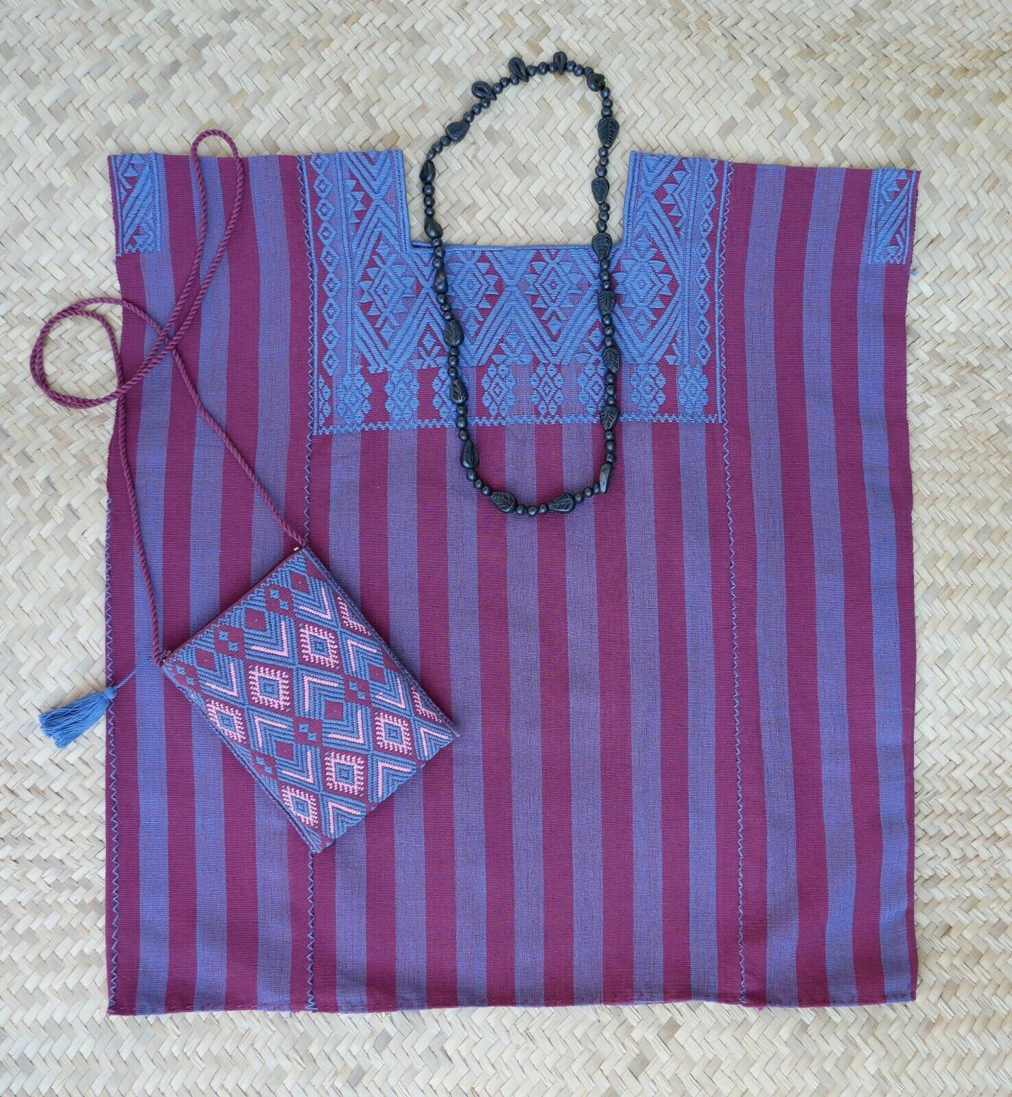 Huipil Top Mayan Blue & Plum Stripe Handwoven Backstrap Loom Chiapas Mexico