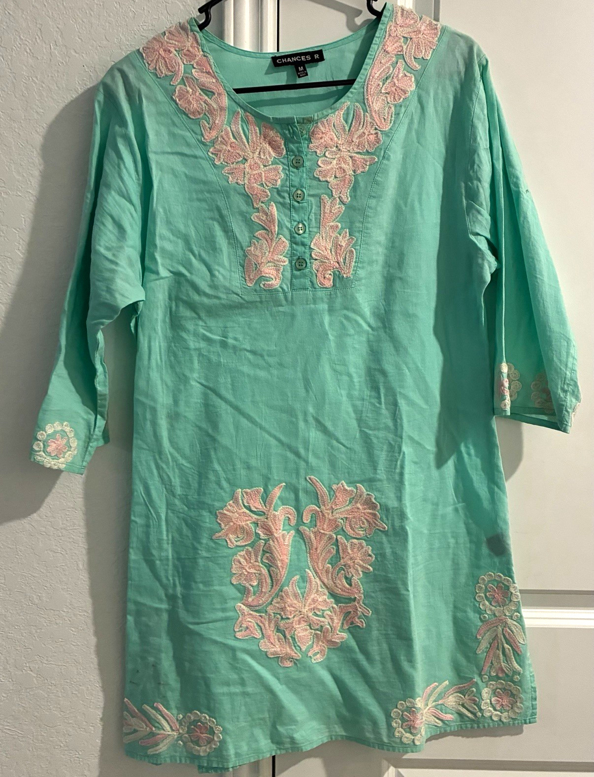 Chances R Women’s Green Cotton Embroidered Kurti Tunic 3/4 Sleeve Size M
