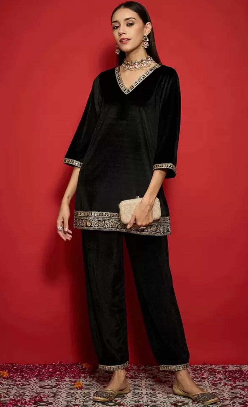 Indian Ethnic wear; Women Solid Zari Lace work Velvet Kurta with Salwar