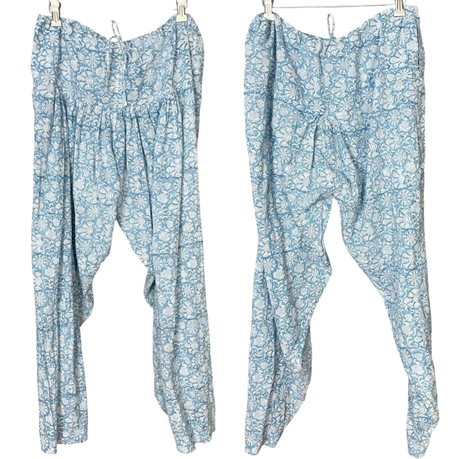 Fabindia Floral Salwar Pants Harem Cotton Women Sz Large Blue White Relaxed Fit