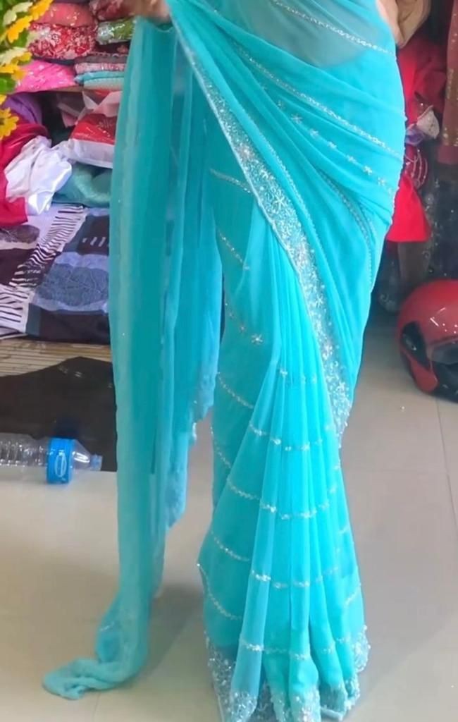SKYBLUE COLOR GEORGETTE BOLLYWOOD LATEST STYLISH FANCY PARTY WEAR DESIGNER SAREE