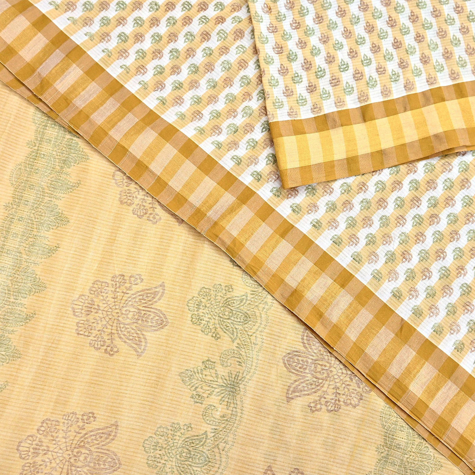 Indian Vintage Sari White & Beige Printed Pure Cotton Sarees Craft Fabric 5YD