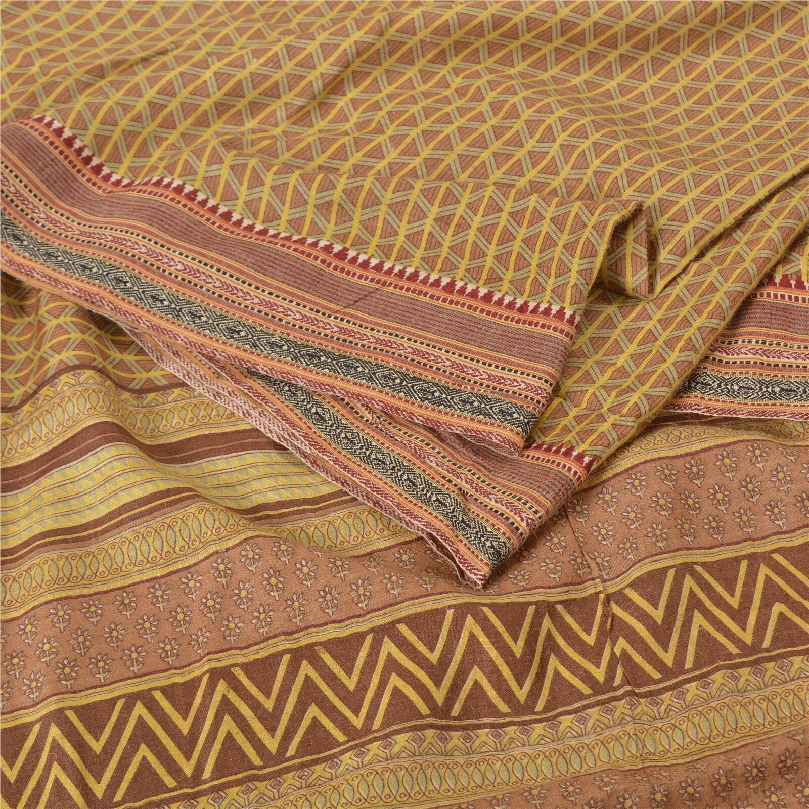 Sanskriti Vintage Multicolor Indian Saree Printed Pure Woolen Fabric 5 Yard Sari