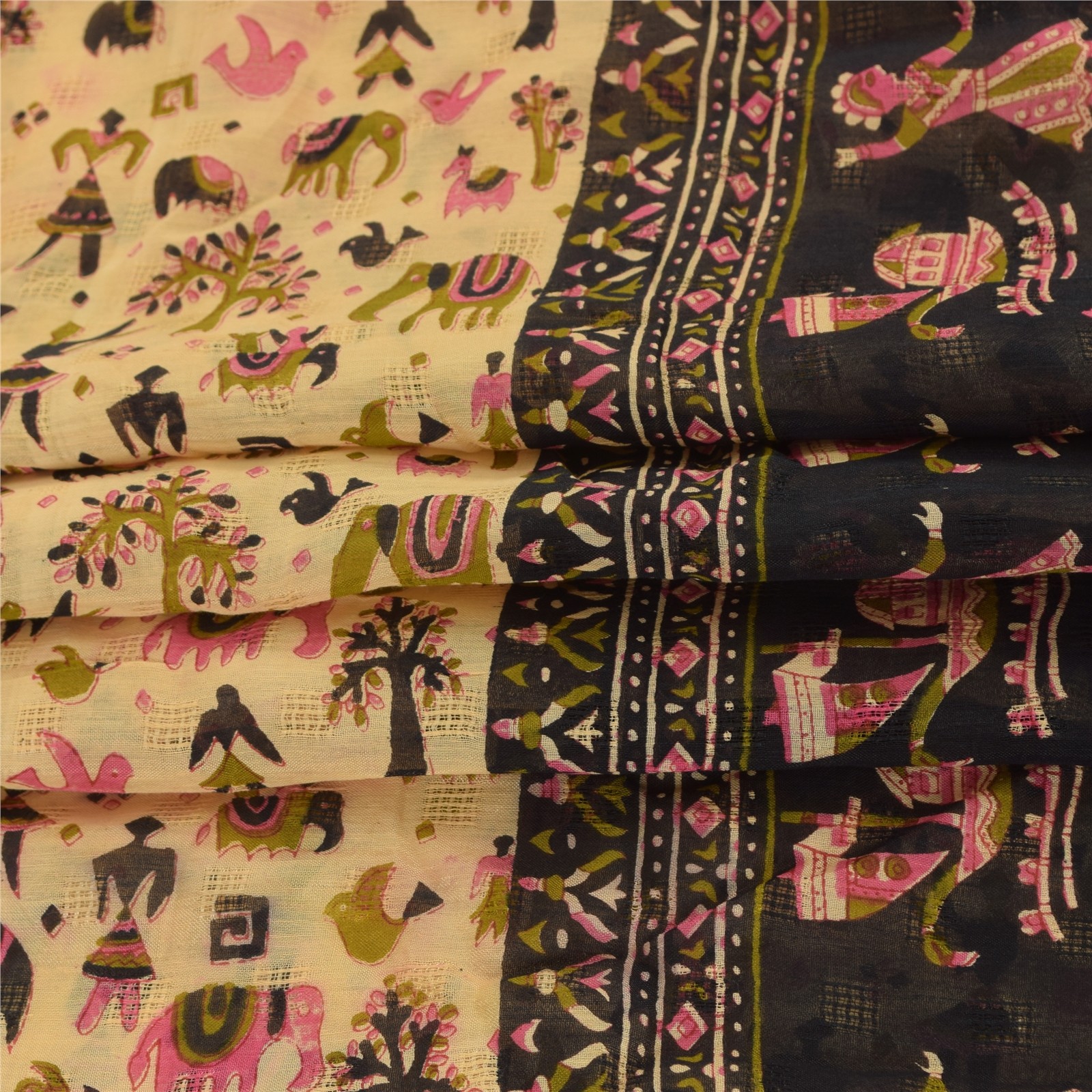 Sanskriti Vintage Sarees Ivory Pure Cotton Animal Human Printed Sari 5+Yd Fabric
