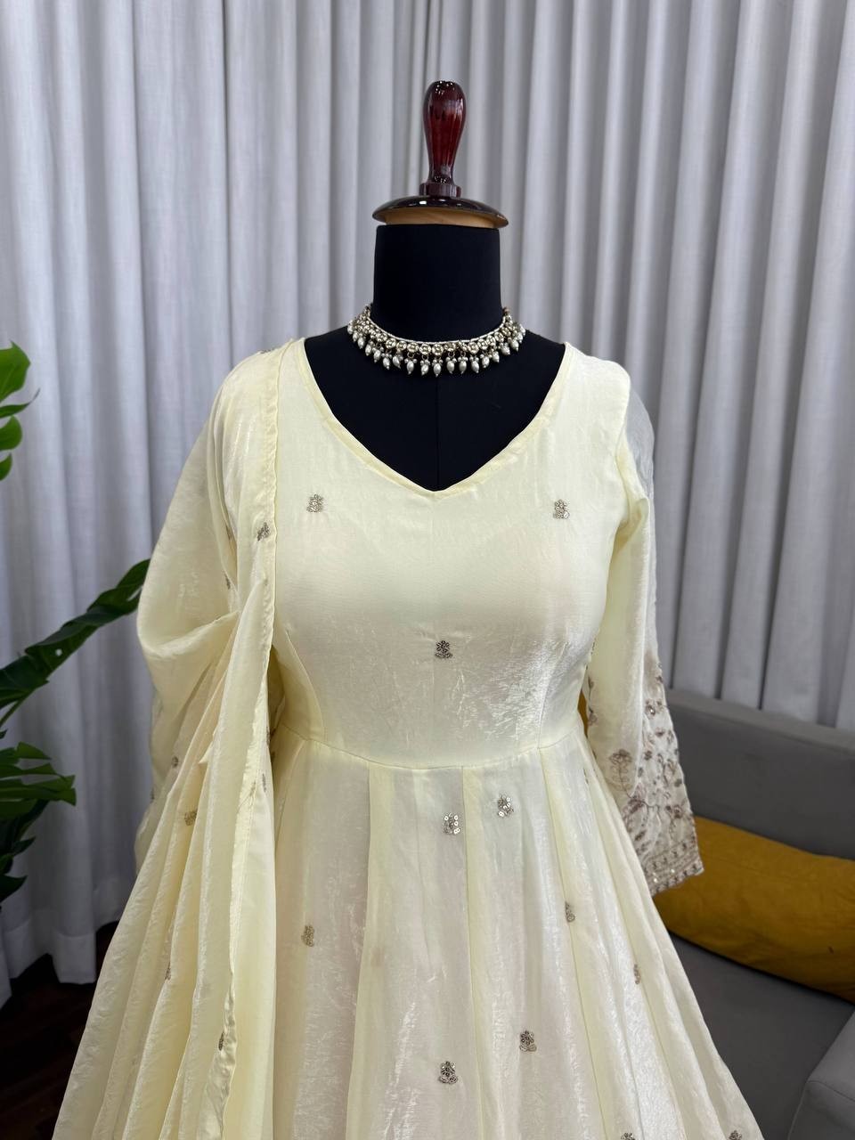 New Launching Silk Off White Gown Bottom With Dupatta For Functional Wear