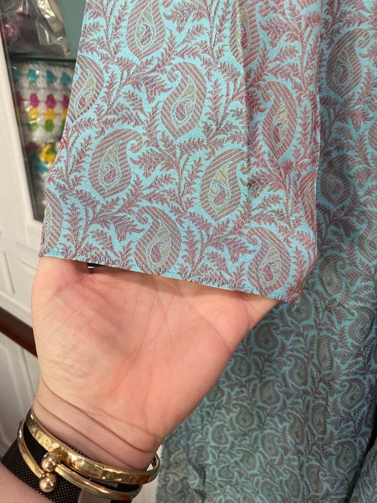 Manyavar 110cms Kurta Mens Size XXL/44 Blue Paisley Silk Long Sleeve Pockets