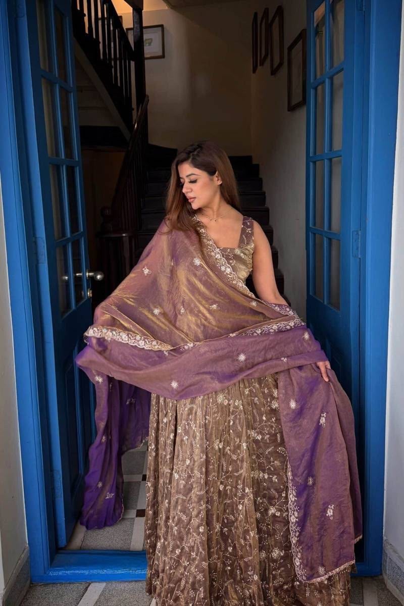 Designer Fendy Silk Gown Set with Embroidered Dupatta for Women