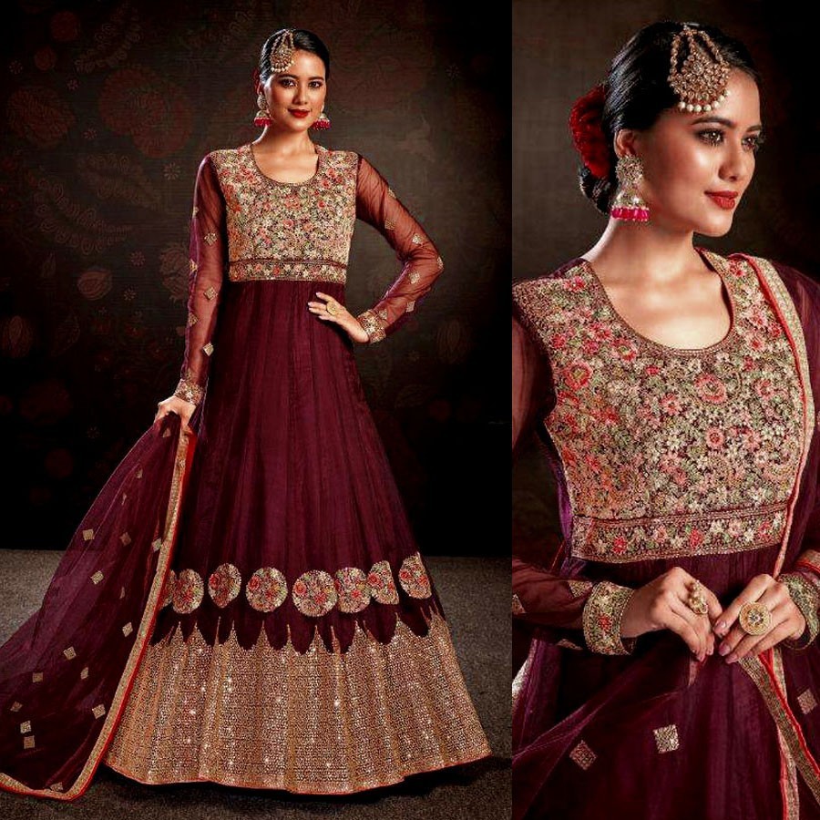 MAROON HVY EMB INDIAN PAKISTANI READYMADE LADIES ANARKALI SALWAR KAMEEZ SUIT SNJ