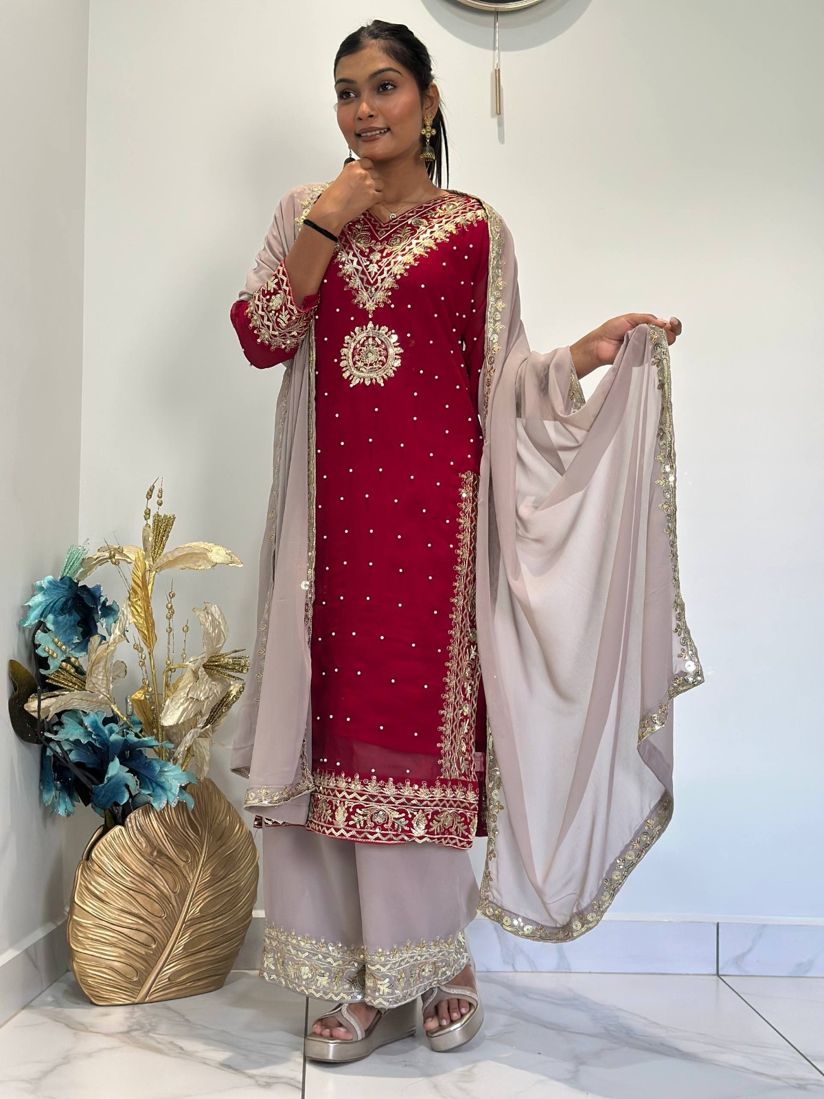 New Presenting Heavy Georgette Maroon Top Palazzo With Dupatta For Women Wear