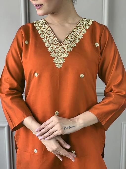 Women Rust Plus Size Printed Ethnic Kurta Top Trouser Pants, Festive Dress Eid