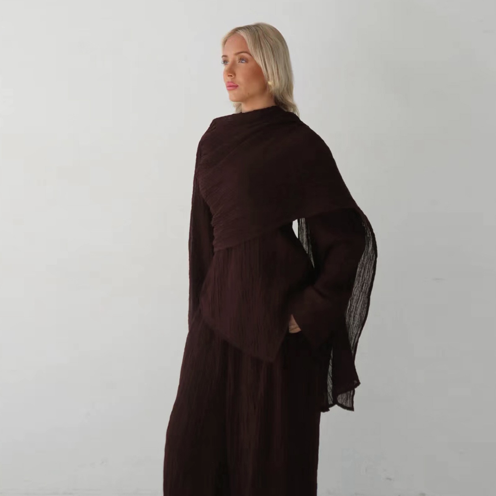 Arab Clothing Solid Color Cardigan Pants 2Pc Muslim Buckle Long Sleeves Suit Set