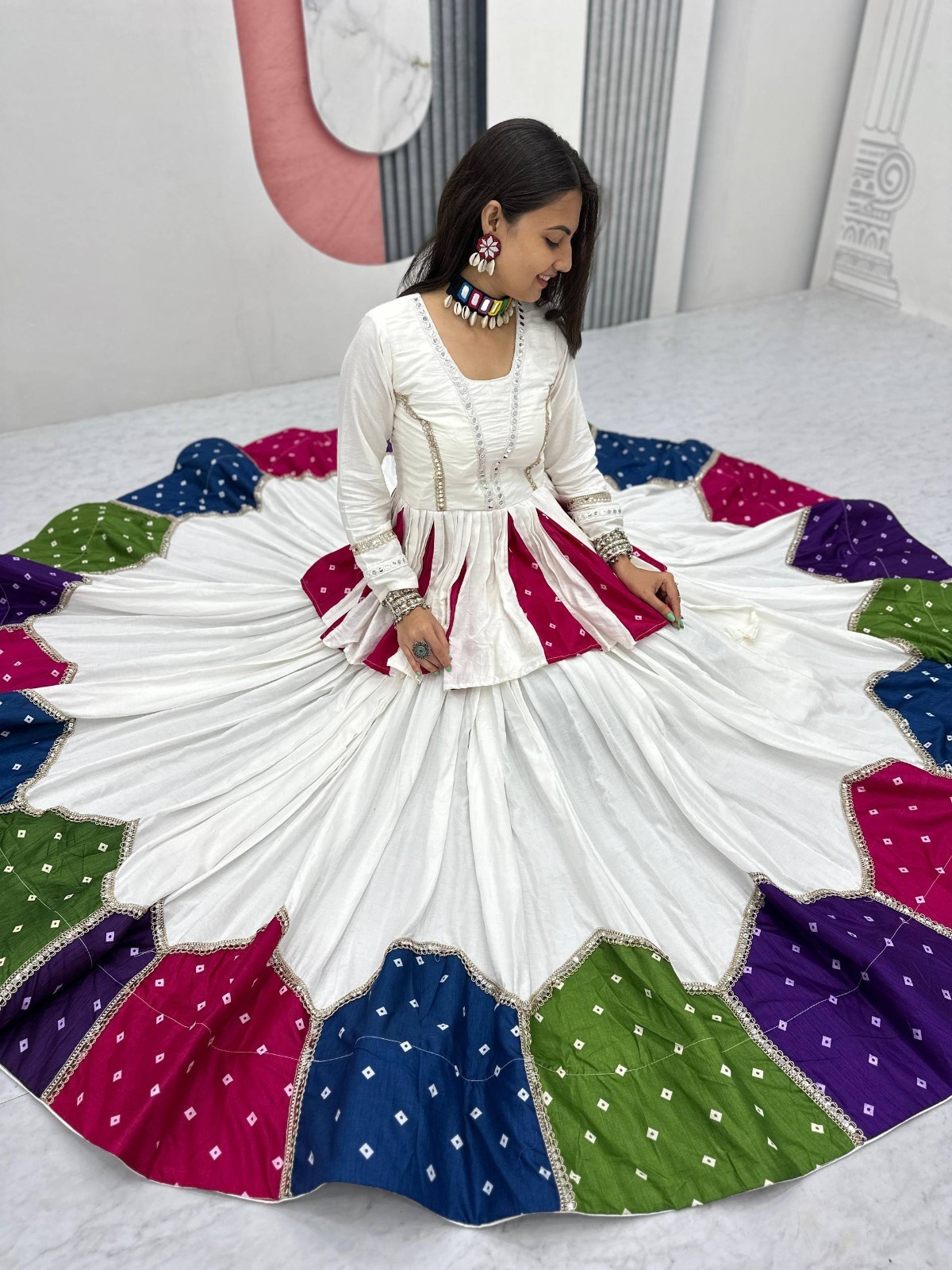White Bandhani Lehenga Choli Set Navratri Garba Dress Dandiya Dress