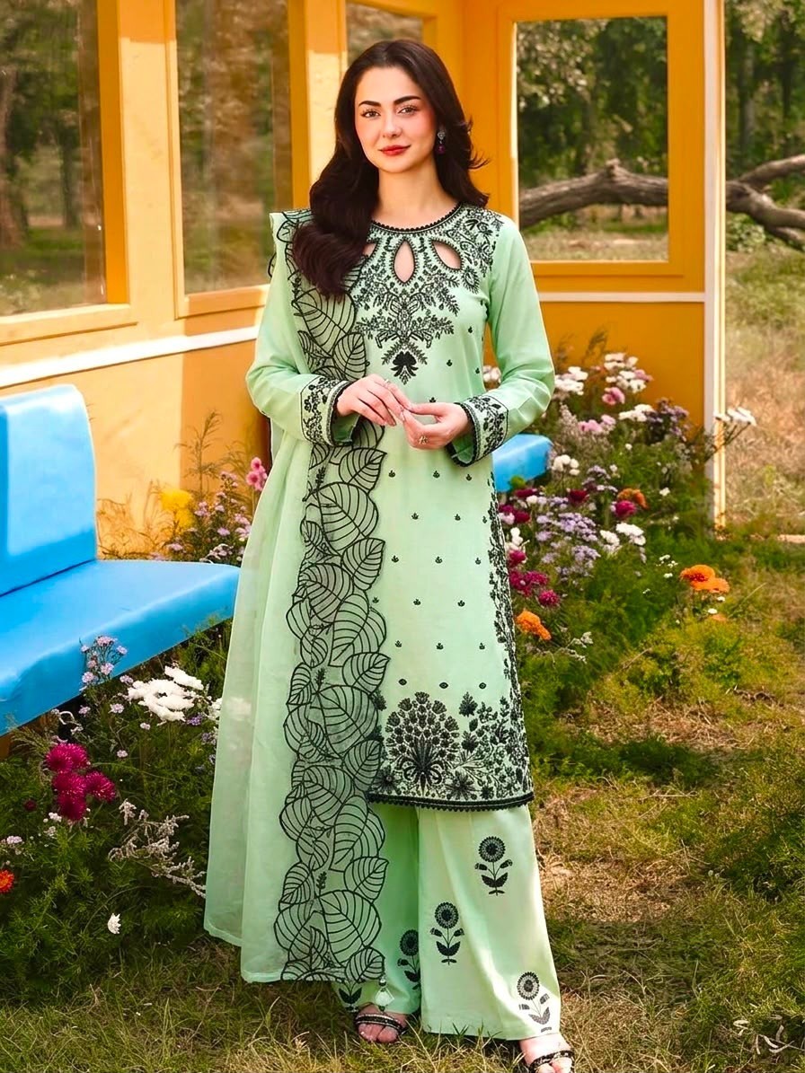Indian Pure Cotton Light Pistachio Green Embroidered Kurti Pant Dupatta Set