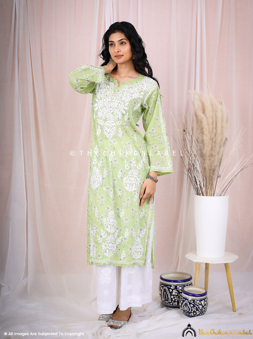 Green Mulmul Chikankari Printed Straight Kurti Lucknow Chikan Handmade Kurta
