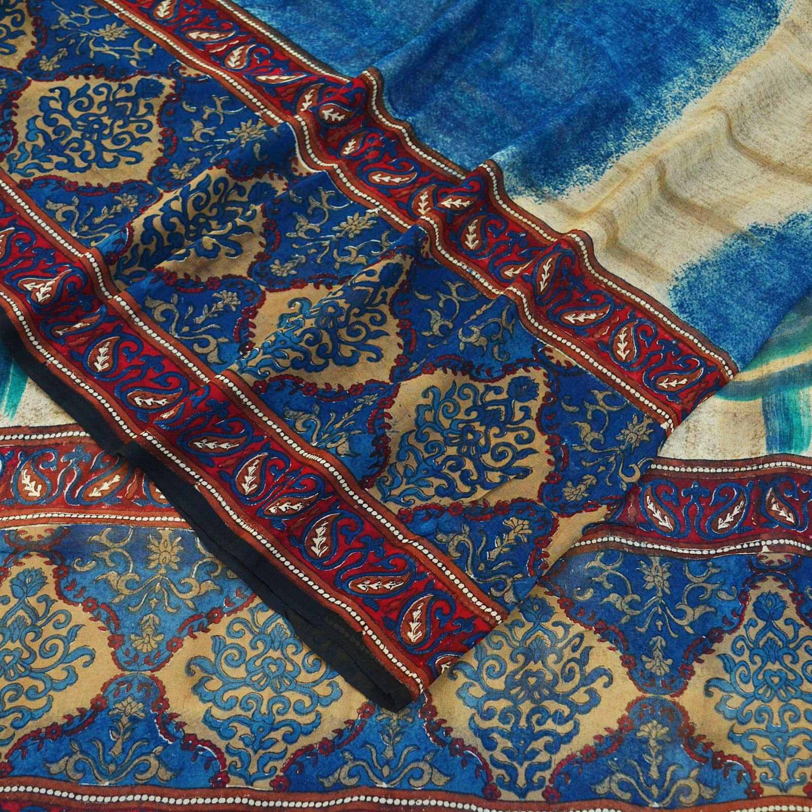 Vintage Beige & Blue Saree Pure Georgette Silk Printed Sari Craft Fabric Sewing