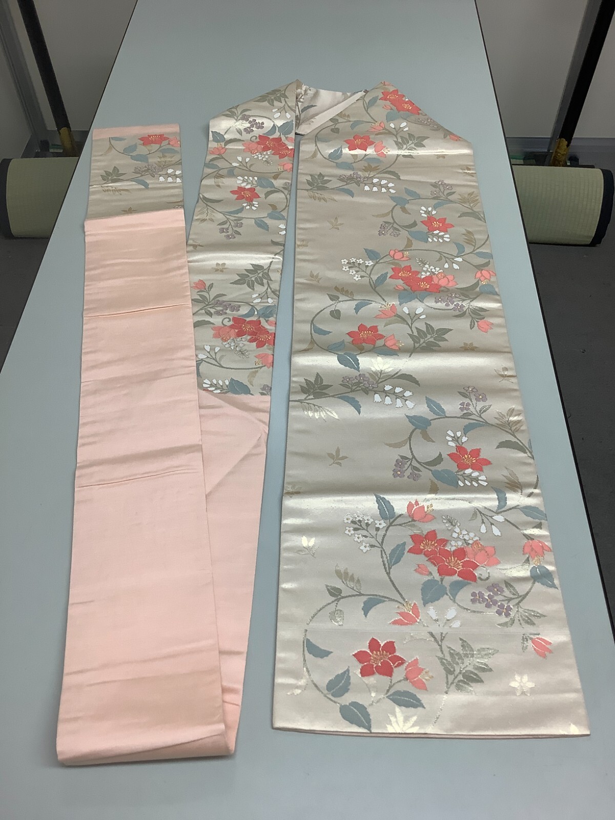 Japanese Vintage Kimono Nagoya Obi pure silk beige flower expensive 142.5×11.8in