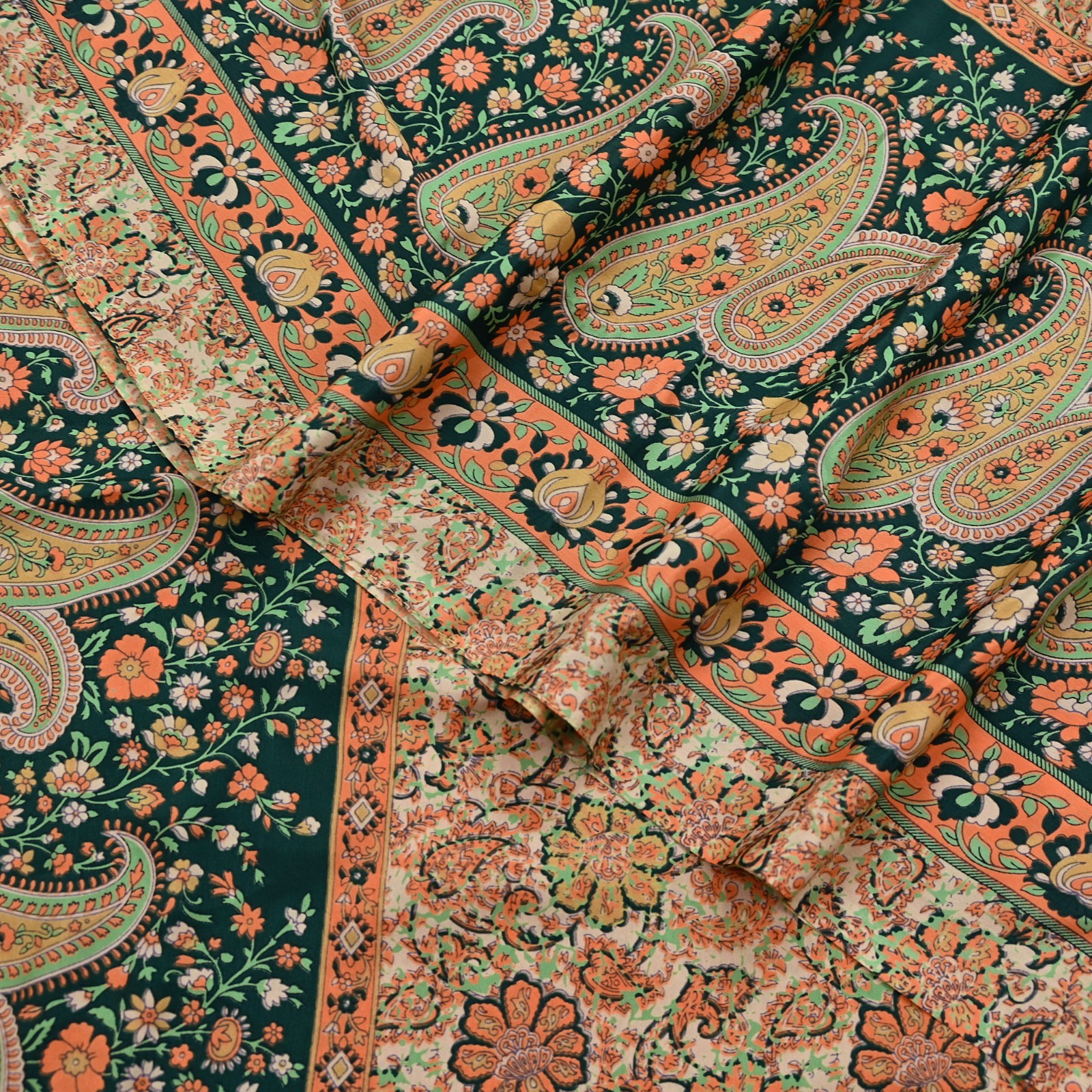 Vintage Beige Digital Printed Saree Floral Artificial Silk Fabric 6 Yards Indian