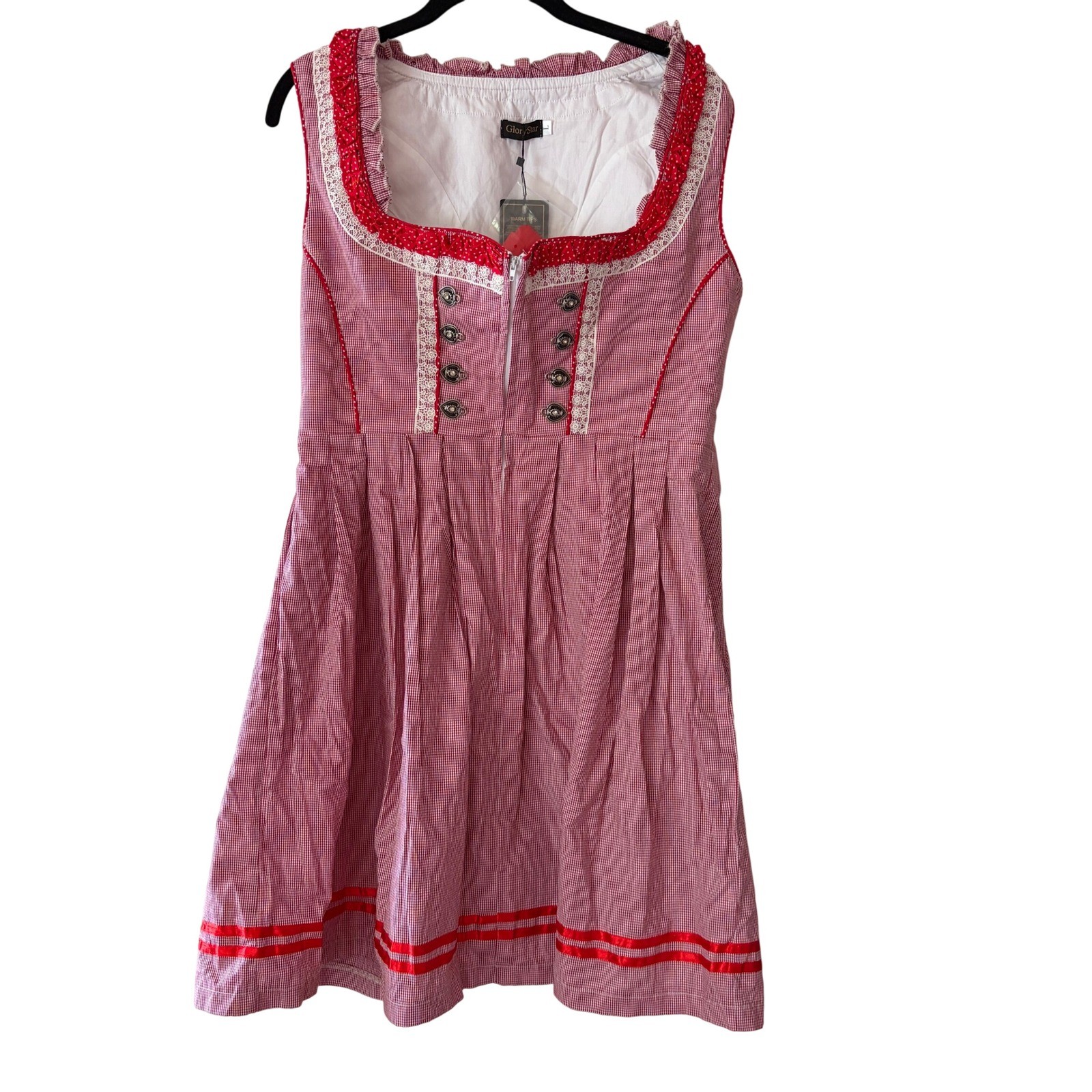 GloryStar Bavarian Red Gingham Dirndl Dress Lace Heart Buttons Oktoberfest Large