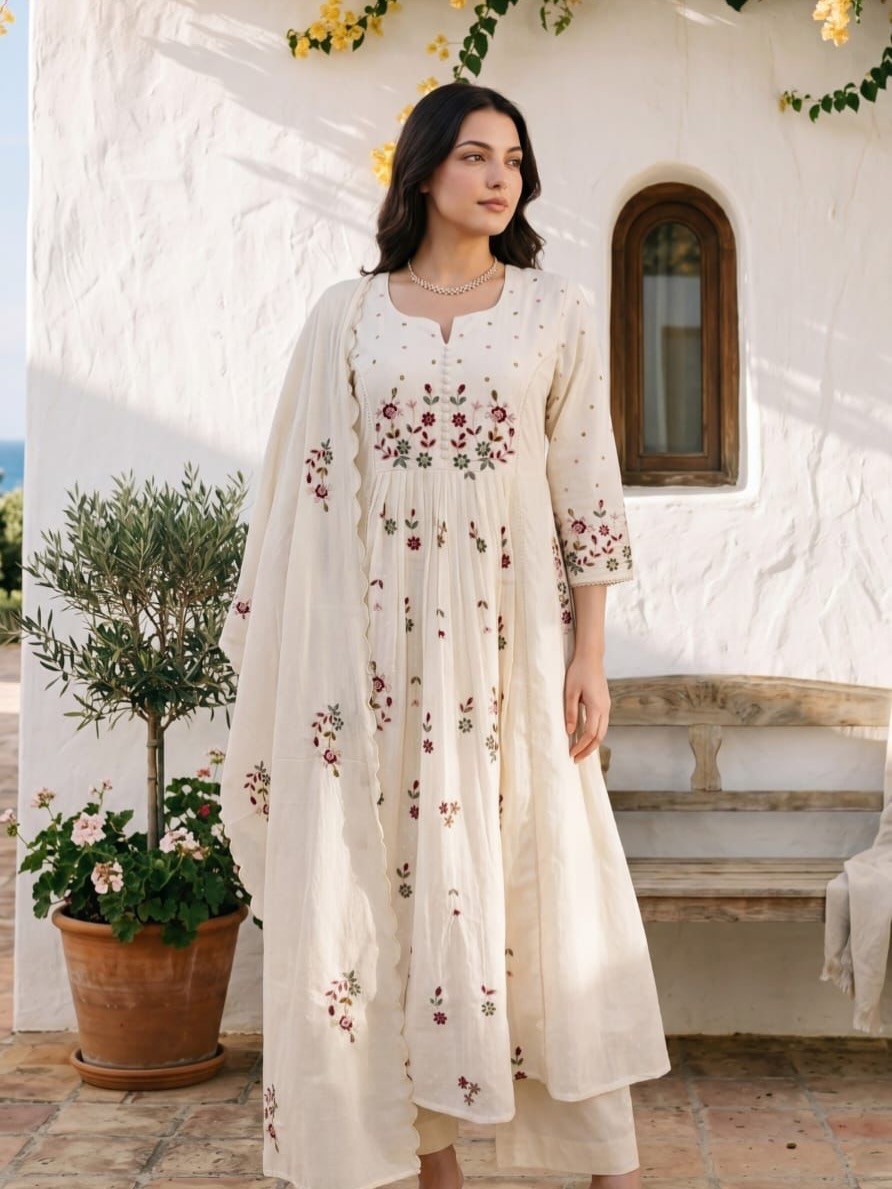 Women’s Cotton Embroidered Anarkali Kurta Pant Dupatta Set White Pink Ethnic Sui