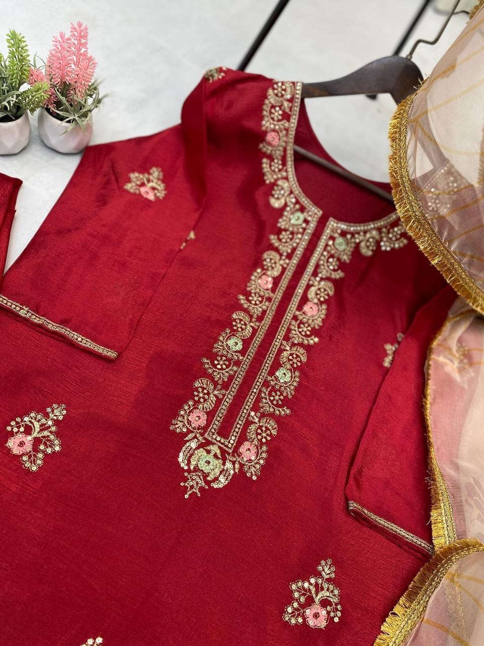 Designer Chinon Plazzo Suit Set Embroidery Sequence Wedding Ready M-XXL