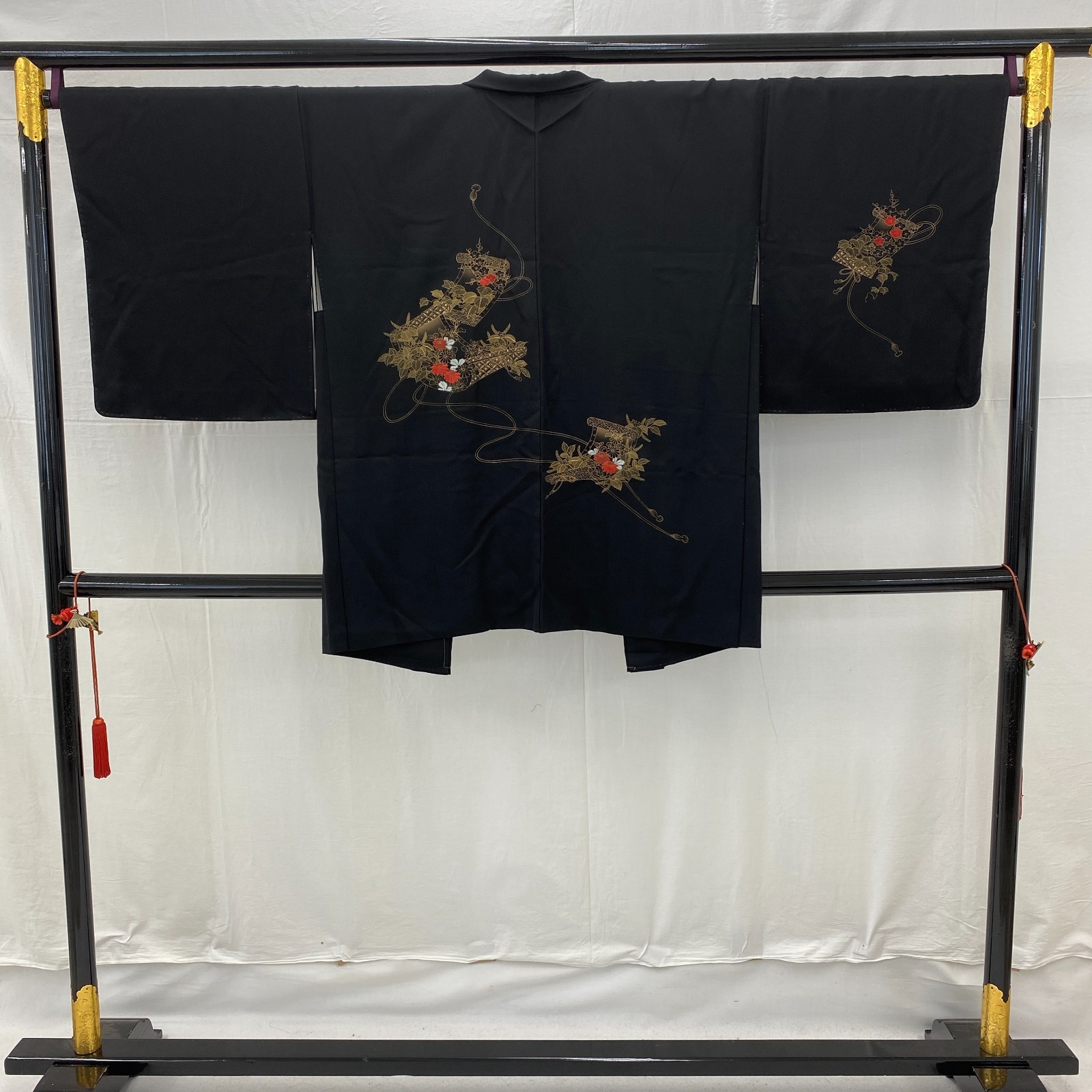 Japanese Vintage Kimono Haori Jacket Polyester Black Embroidery Traditional 30in