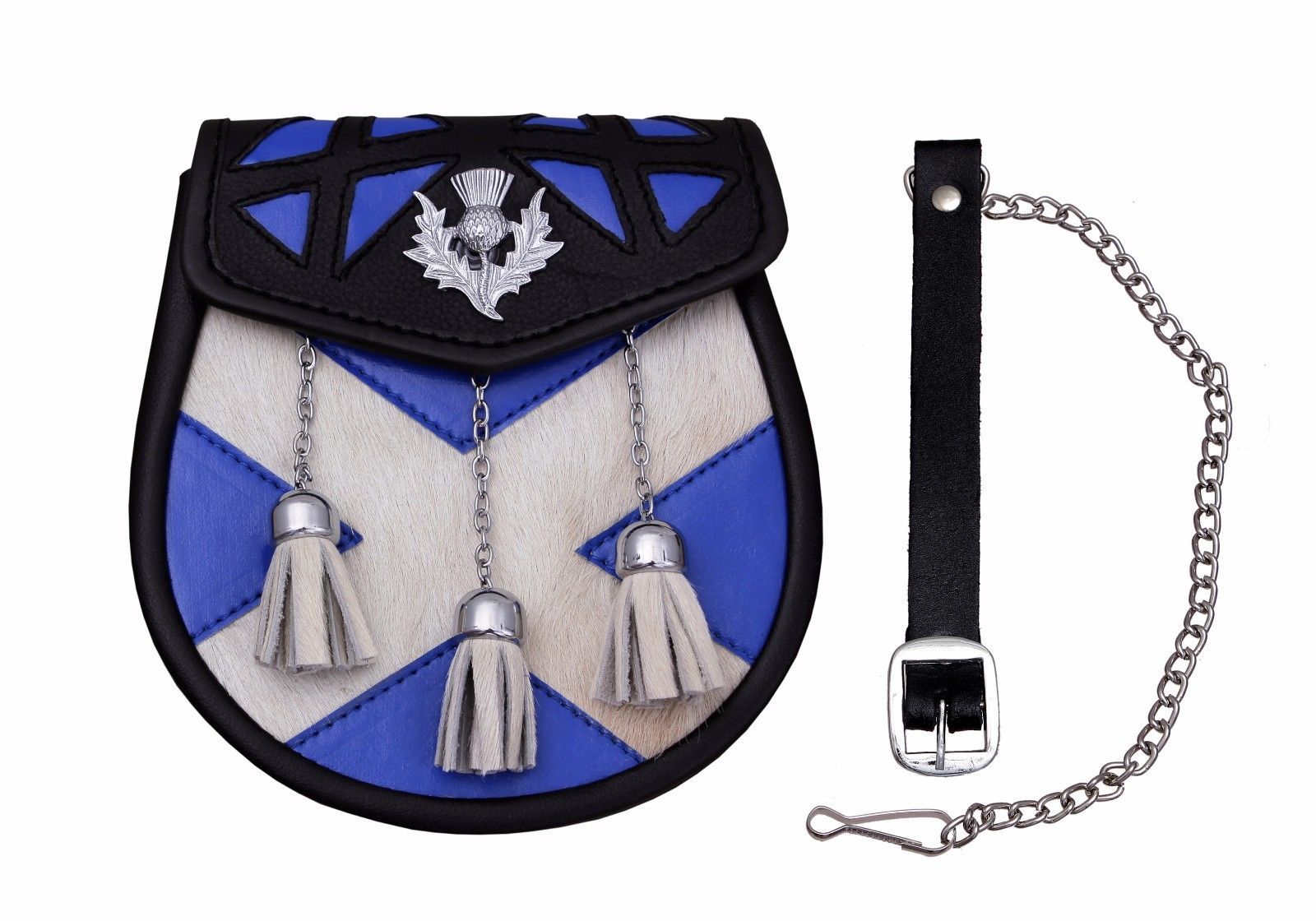 SPORRAN LEATHER WITH SALTIRE AND THISTLE DESIGN SEMI DRESS SPORRAN COW HIDE
