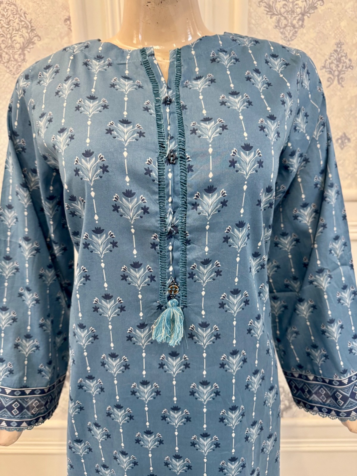 Pakistani Light Blue & Dark Blue Printed Straight Shirt 3-PCS Lawn Suit ,L