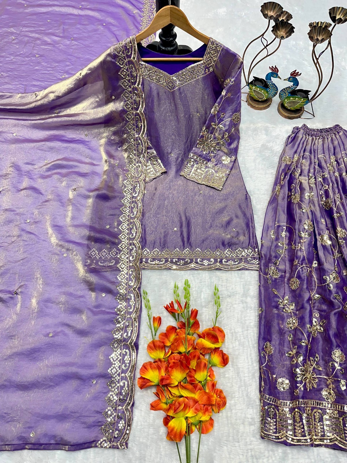 New Latest Heavy Pure Silk Purple Top Palazzo With Dupatta For Reception Wear