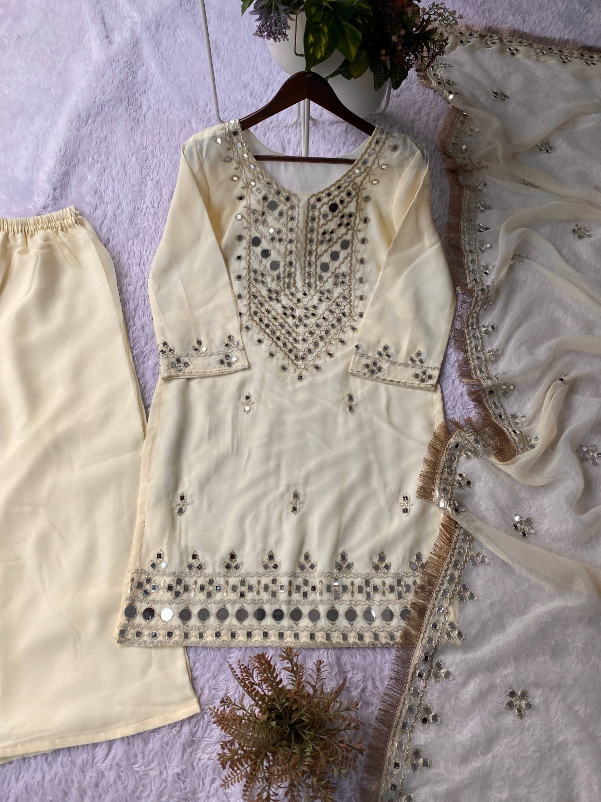 Women Georgette Mirror Work Kurti Palazzo Set with Dupatta Party Wear