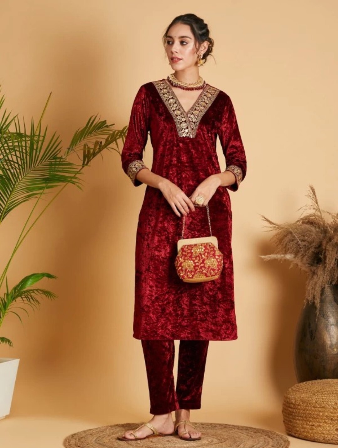Women Indian Wedding dress; Maroon Floral Yoke Design Sequined Kurta and Trouser