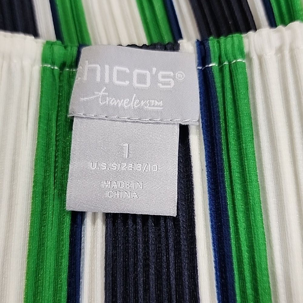 Chico’s Travelers Women’s Green Blue White Stripe Open Front Jacket Size 1 M