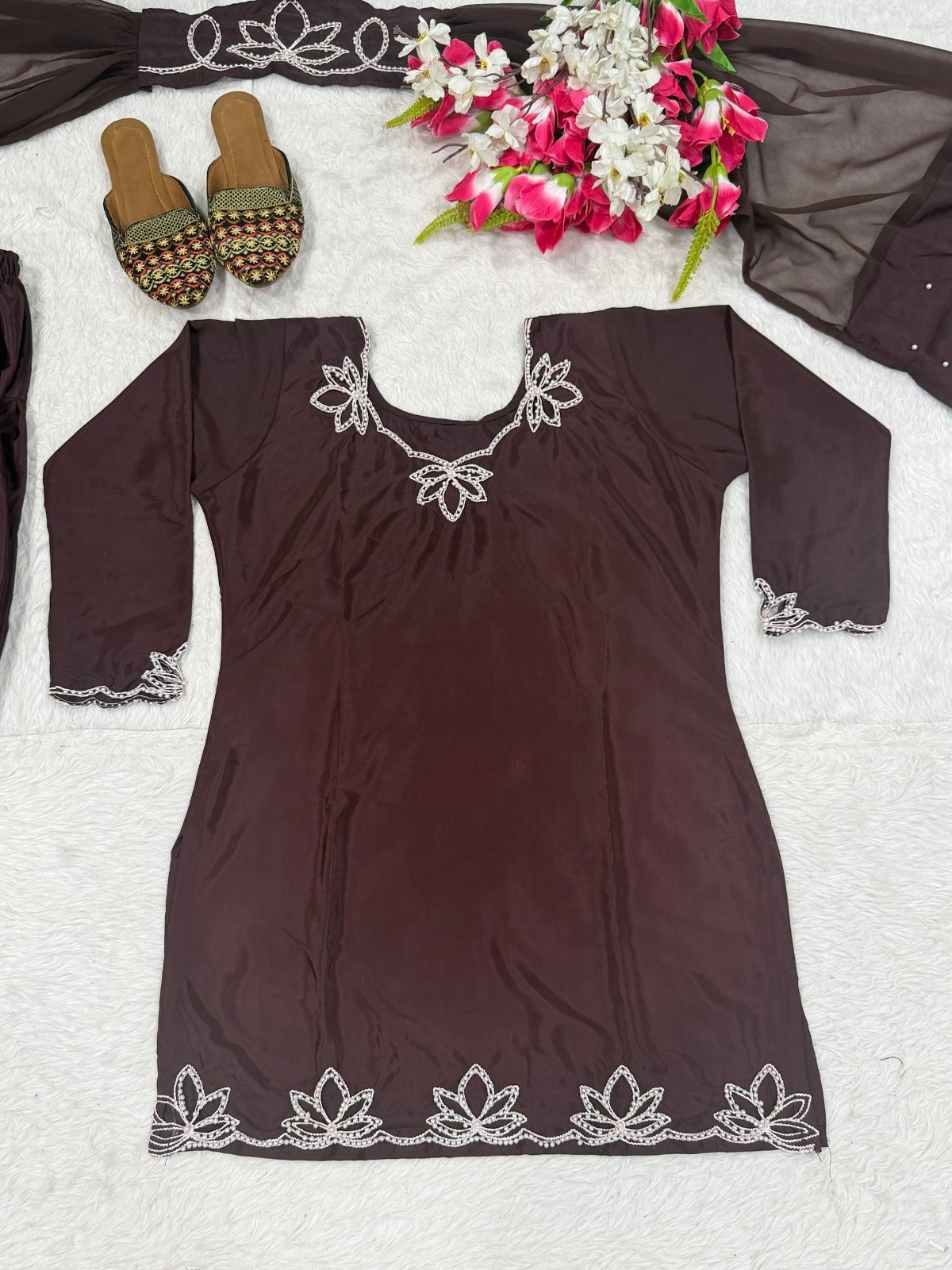 New Presenting Natural Crep Brown Salwar Kameez With Dupatta For Ethnic Wear