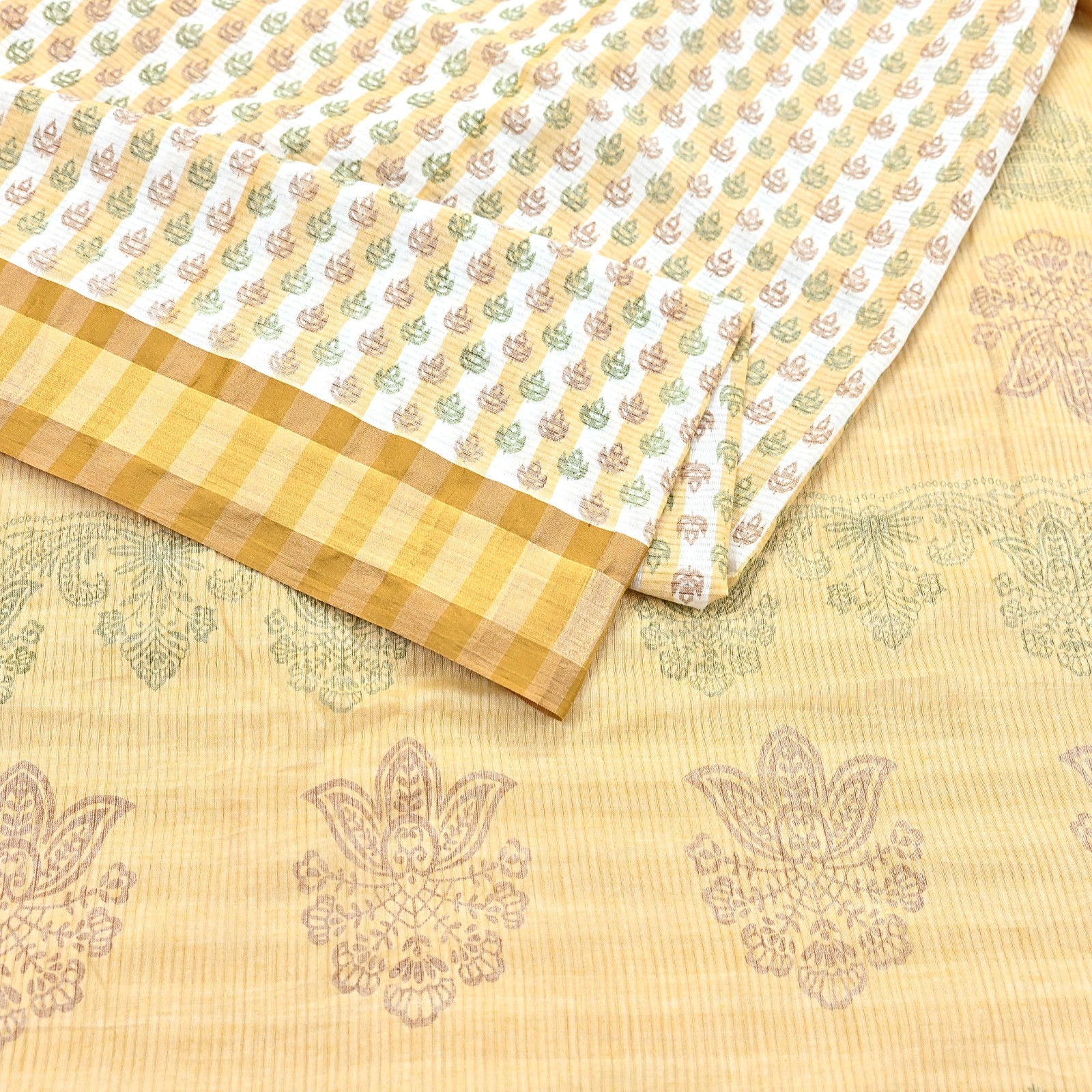 Indian Vintage Sari White & Beige Printed Pure Cotton Sarees Craft Fabric 5YD