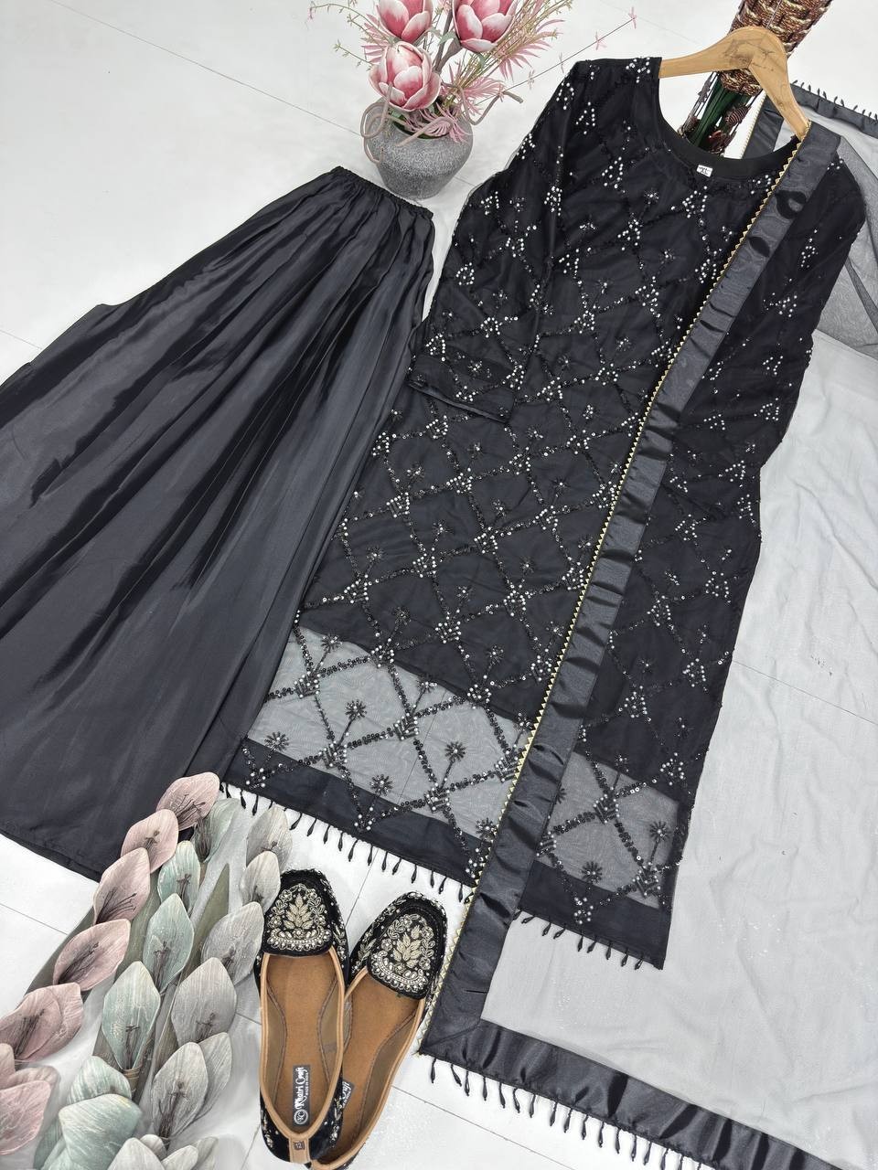 Attractive Reception Wear Soft Net Kurta Palazzo With Dupatta For Women