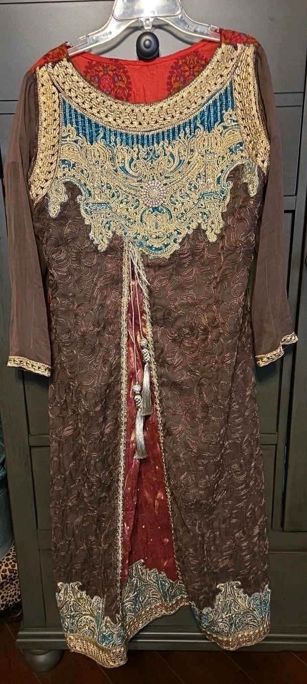 Womens Pakistani Long Embroidered Shirt Brown Green Red Banarsi Golden Tussle