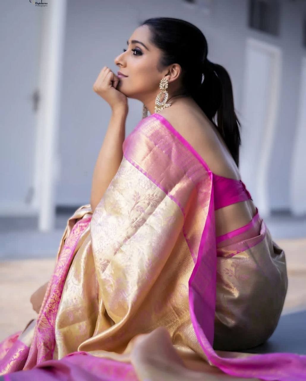 Wedding Wear Golden Beige Pink Lichi Silk Saree Jacquard Weaving Indian Ethnic